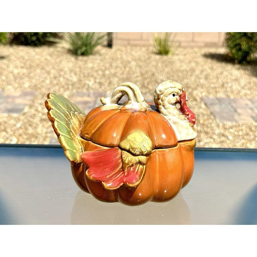Ceramic Pumpkin Turkey Container w Lid Thanksgiving Orange Brown Holiday Dish